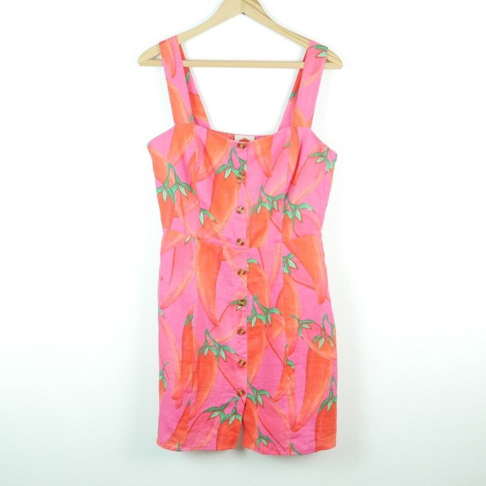 Farm Rio Mini Dress 100% Linen Pink Pepper Novelty Print Resort Vacation Summer - Picture 3 of 11